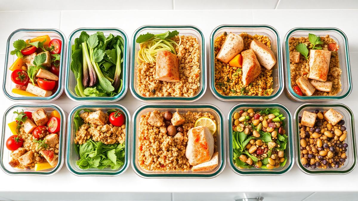 Weekly Mediterranean diet meal prep spread in glass containers with salads, salmon and quinoa