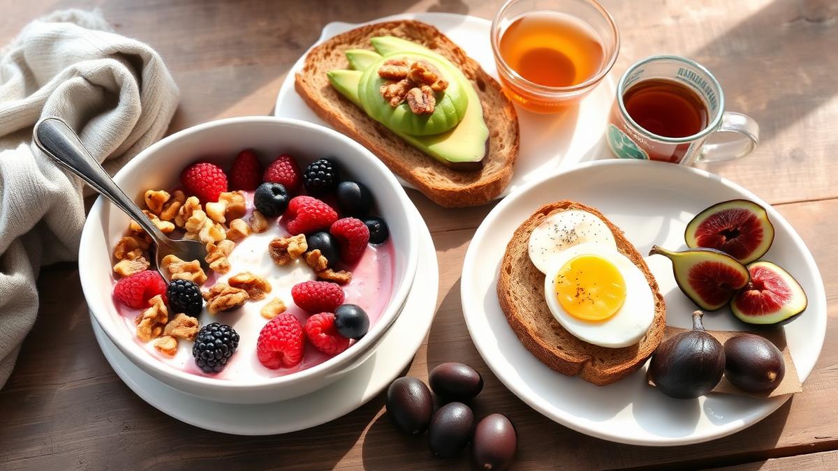 Three Mediterranean breakfasts on a rustic table: yogurt bowl, avocado toast and shakshuka