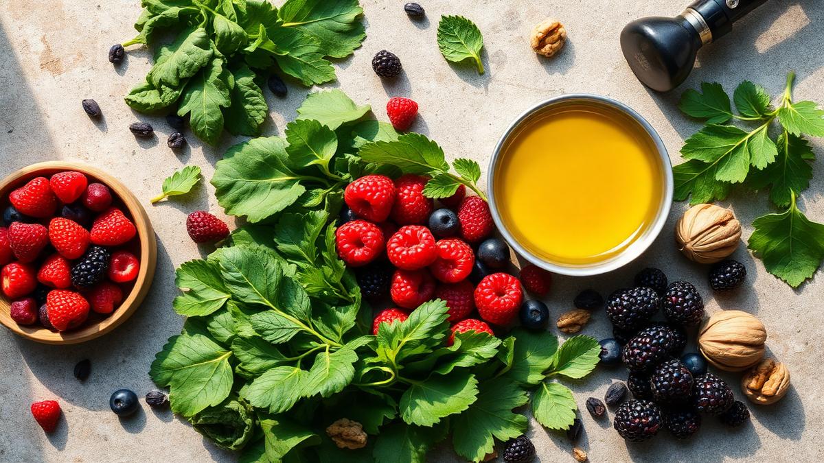 Anti-inflammatory foods including leafy greens, berries, walnuts and extra virgin olive oil