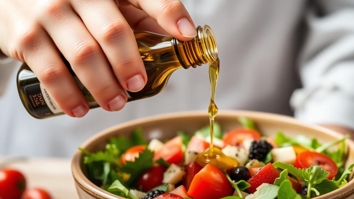 A close-up of a person pouring extra virgin olive oil over a fresh salad