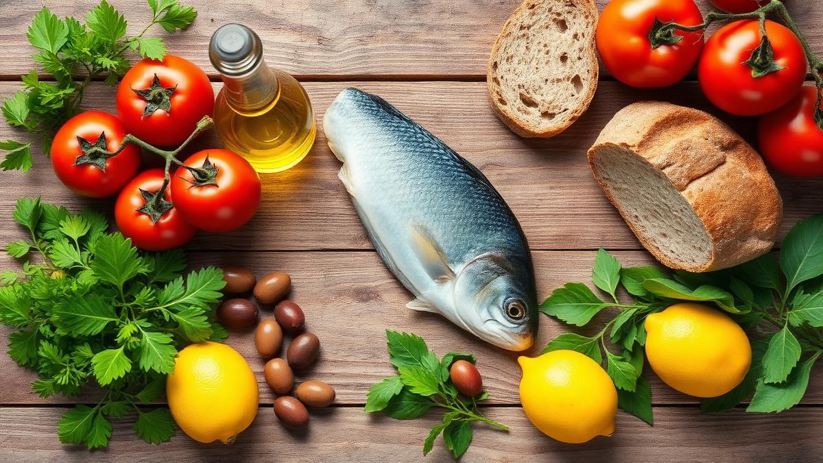 Flat-lay of Mediterranean diet ingredients including tomatoes, olive oil, fish and whole grains