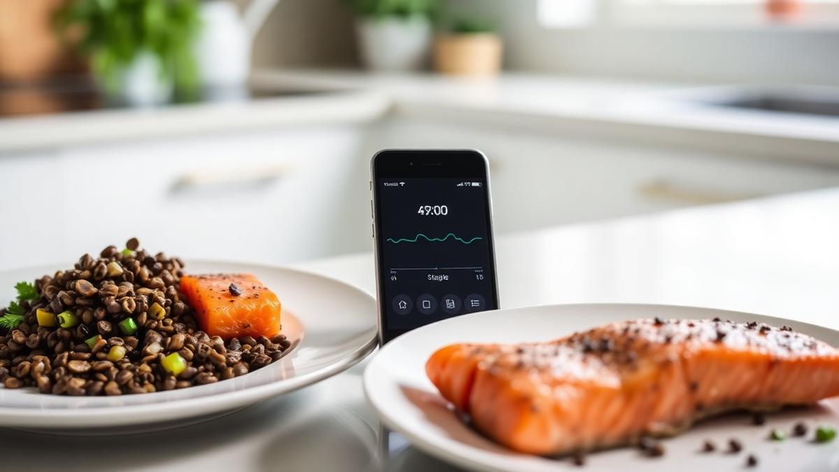 Stable blood sugar reading beside a Mediterranean plate of lentils and salmon