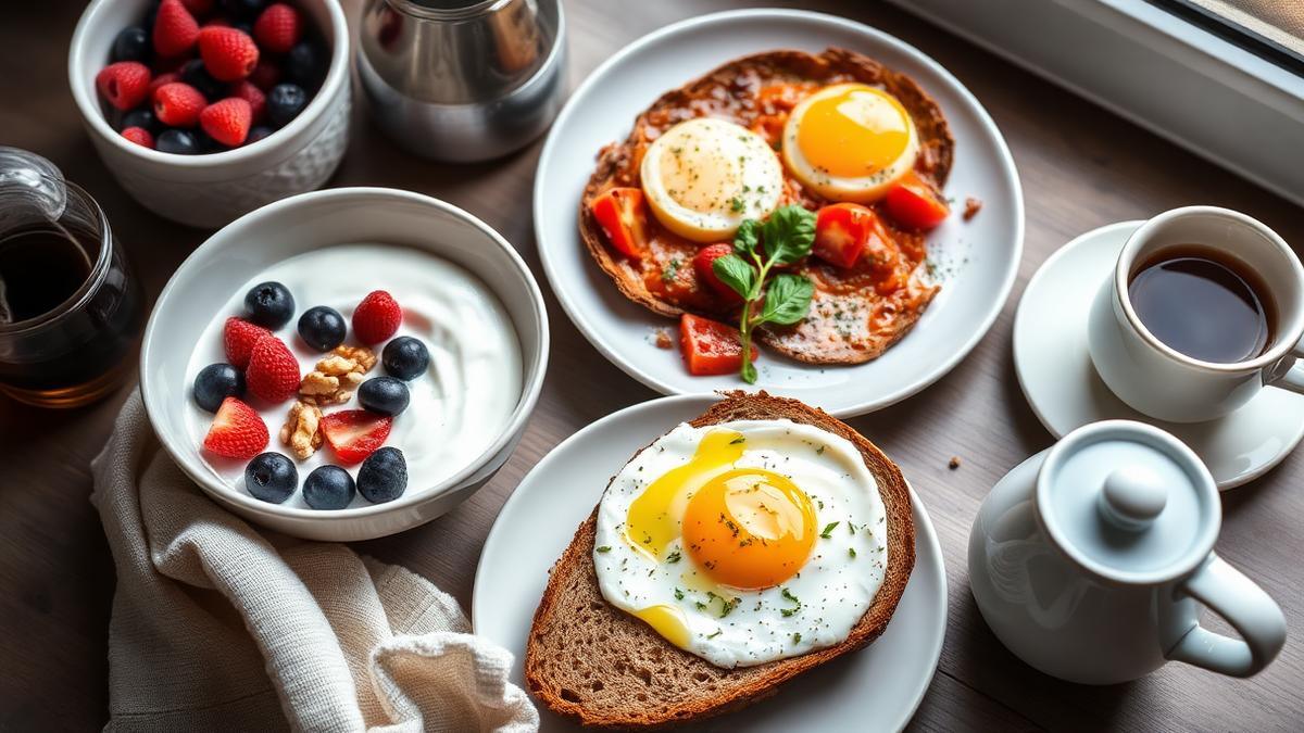 Mediterranean diet breakfast spread with Greek yogurt, figs, olive oil toast, and eggs