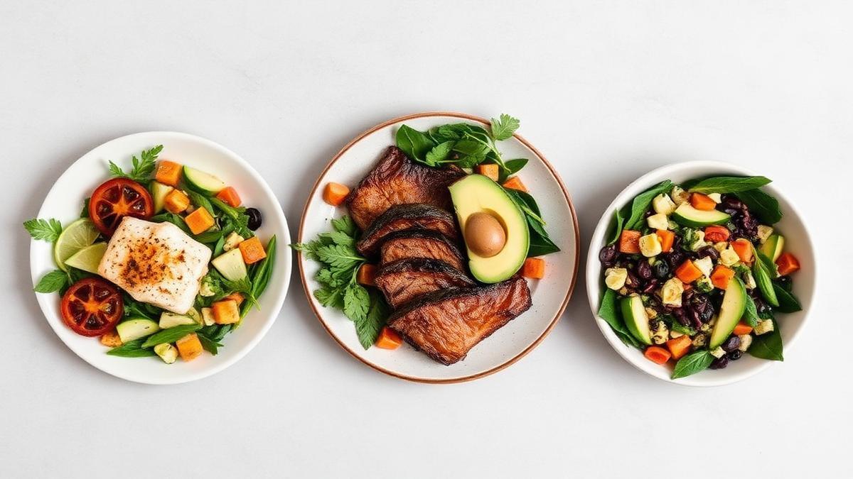 Side-by-side comparison of Mediterranean, DASH, and keto diet foods
