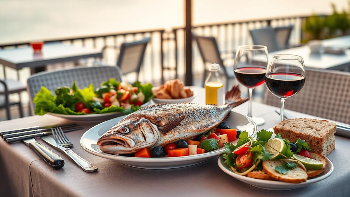 Restaurant table set with grilled fish, a large Greek salad and a glass of red wine