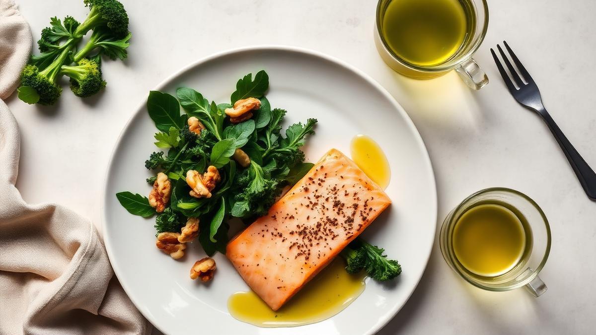 Mediterranean diet foods for fatty liver including olive oil, salmon, walnuts, and leafy greens