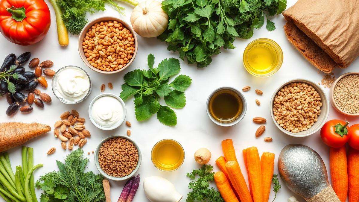 Mediterranean diet food list spread of vegetables, olive oil, fish, and whole grains