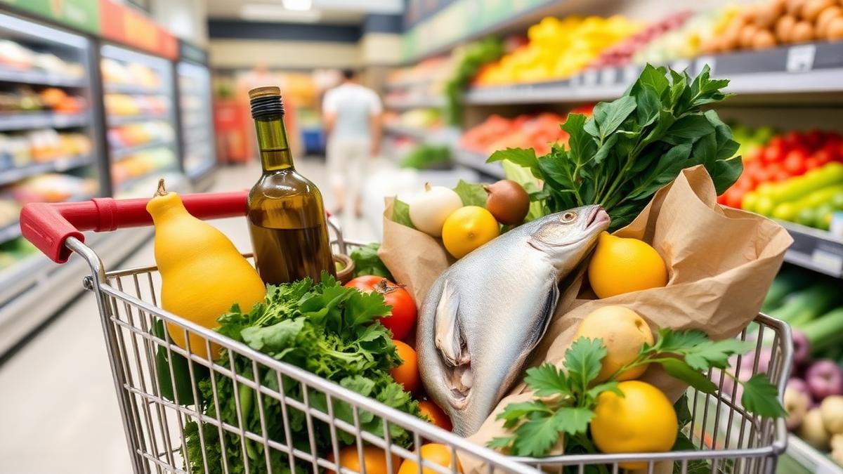 Grocery cart filled with Mediterranean diet foods including fresh produce, olive oil and whole grains