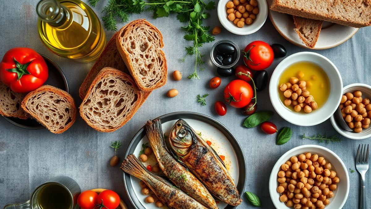 Mediterranean diet spread of olive oil, vegetables, fish, and whole grains