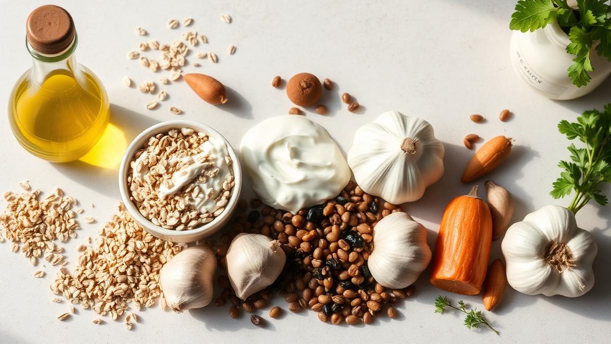 Gut-friendly Mediterranean foods including oats, Greek yogurt, olive oil and legumes
