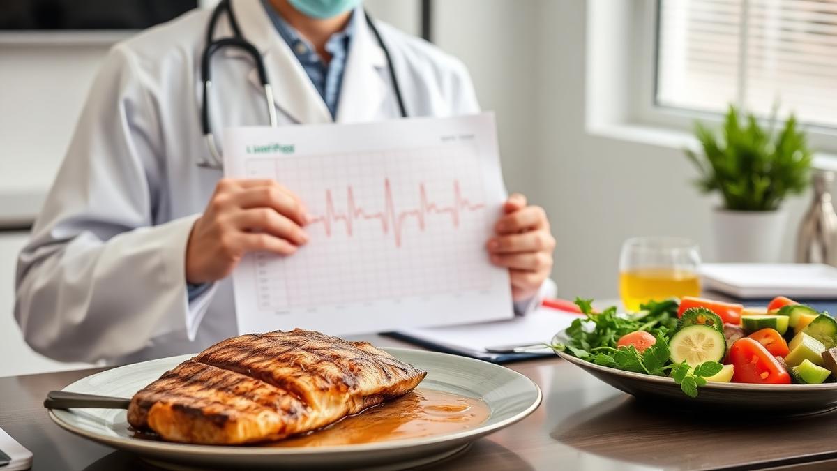 Doctor reviewing a healthy heart chart beside a Mediterranean meal of fish and vegetables