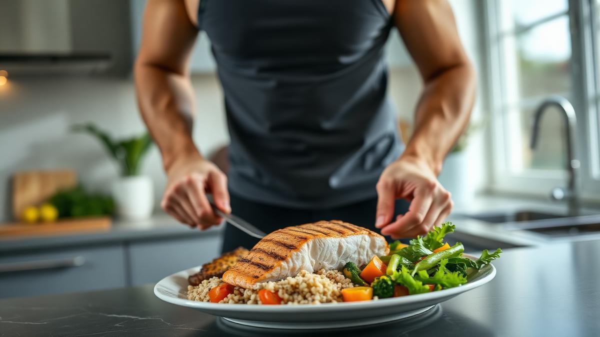 High-protein Mediterranean meal of grilled salmon fillet with quinoa and vegetables