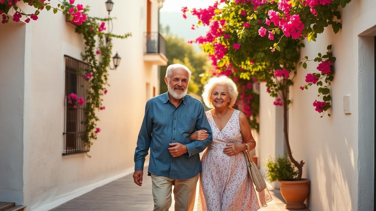 Vibrant elderly couple walking through a sunlit Mediterranean village street