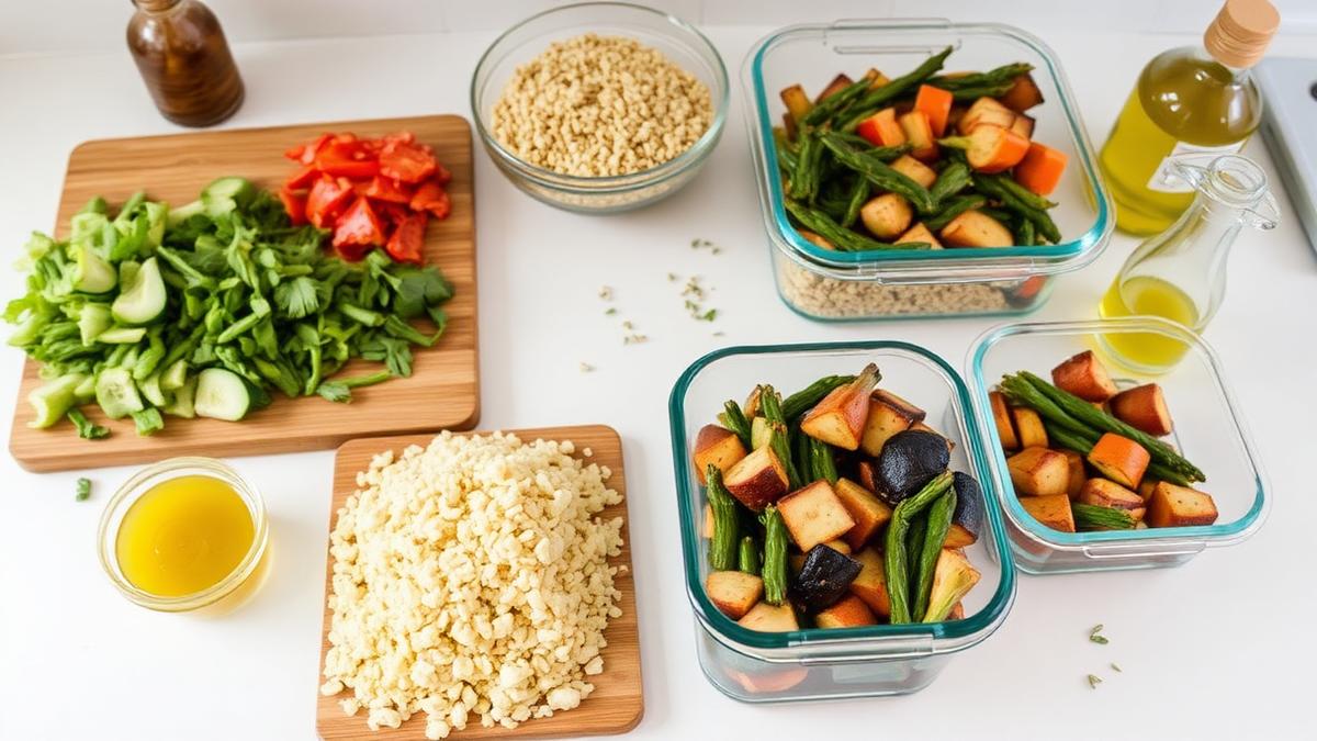 Glass meal prep containers filled with quinoa, roasted vegetables and chickpeas