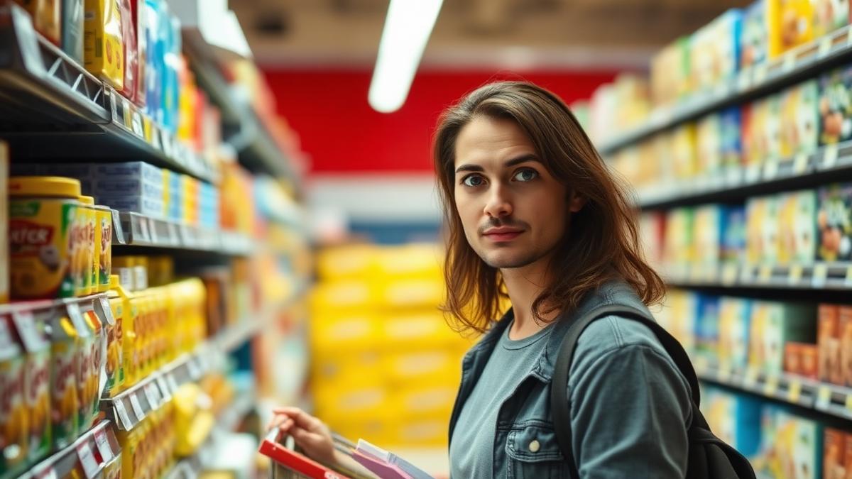 Shopper comparing packaged products labelled Mediterranean in a supermarket aisle