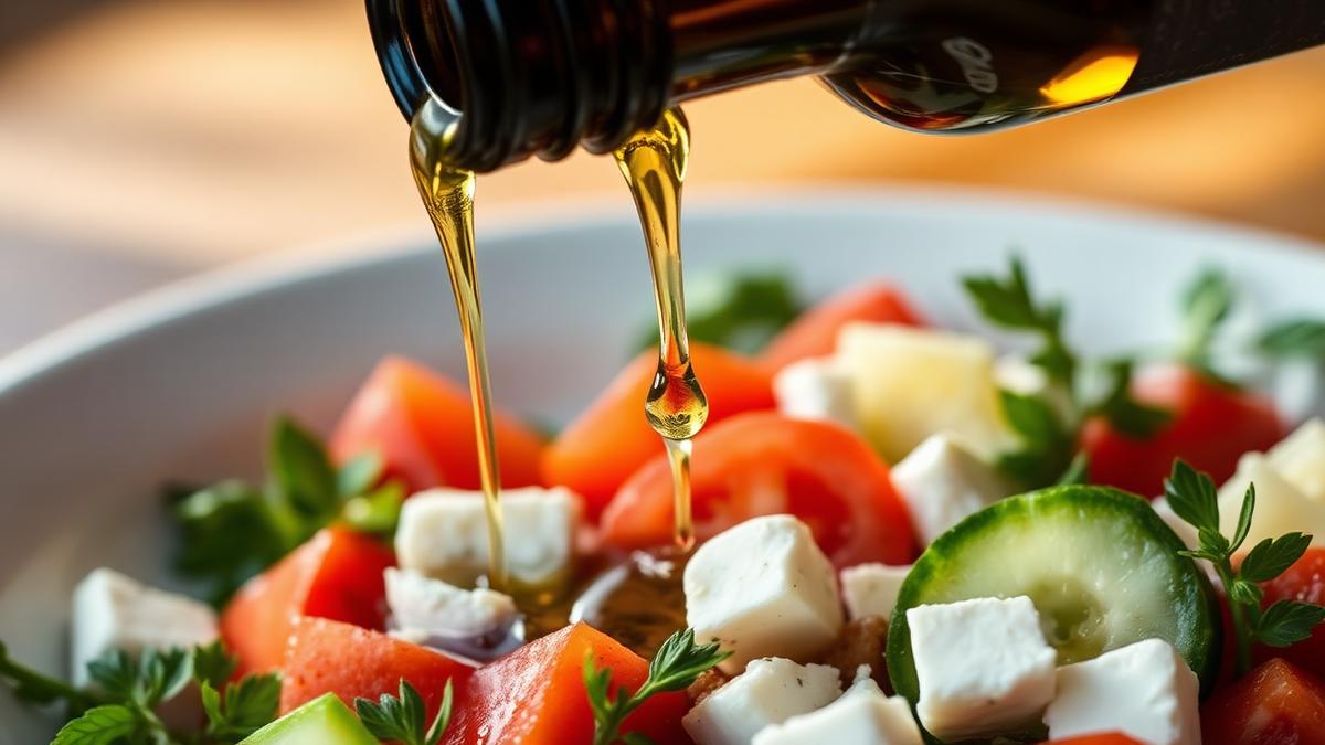 Extra virgin olive oil pouring from a dark glass bottle over a fresh Mediterranean salad