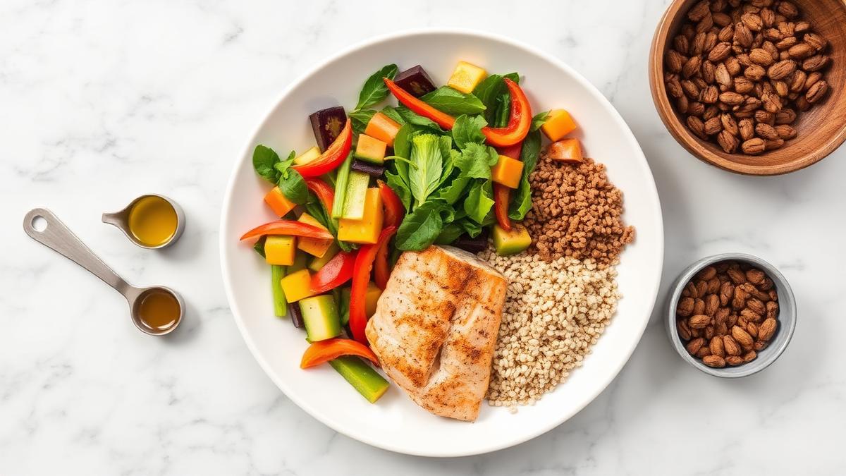Dinner plate divided into half vegetables, a quarter protein and a quarter whole grains