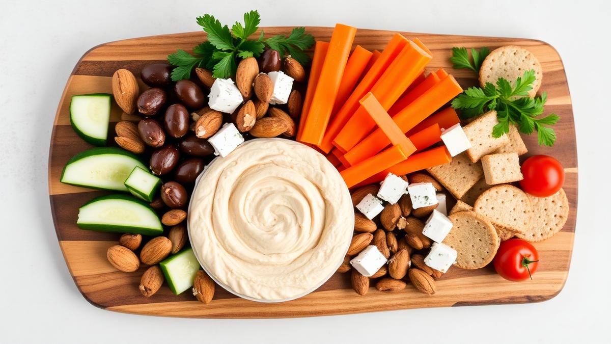Mediterranean snack board with hummus, raw vegetables, olives and mixed nuts