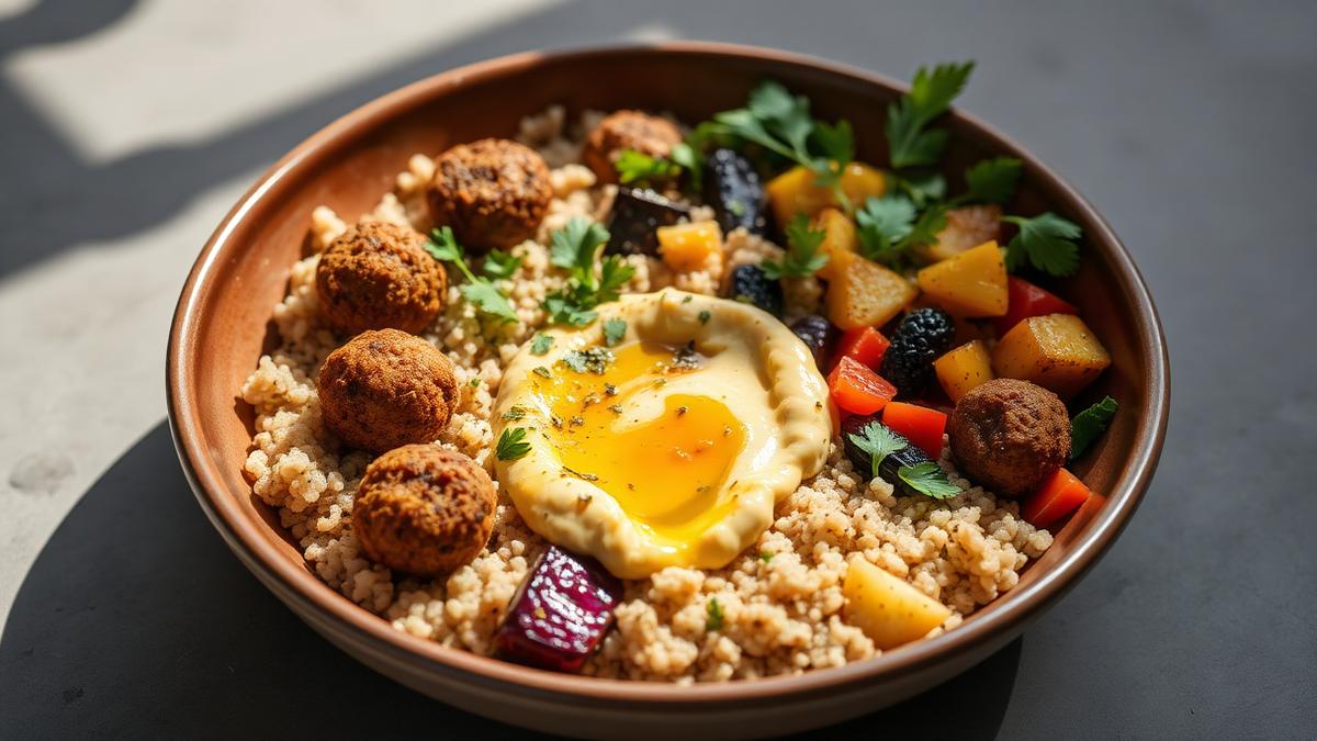 Plant-based Mediterranean bowl with falafel, hummus, quinoa and roasted vegetables