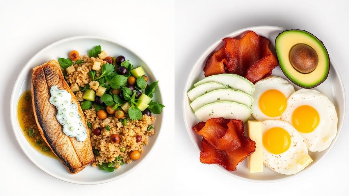 Side by side comparison of a keto plate and a Mediterranean diet plate