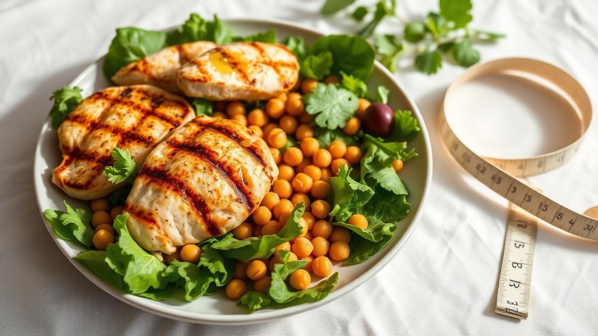 Mediterranean diet weight loss meal with grilled salmon, vegetables, and olive oil